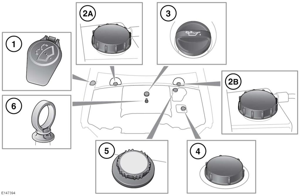 Folyadékszintellenőrzések FOLYADÉKBETÖLTŐNYÍLÁSOK 2,0 literes benzinmotor 1. Ablakmosó folyadék. 2. Fékfolyadék: A. Jobbkormányos járművek. B. Balkormányos járművek. 3. Motorolaj. 4.