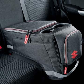 One large compartment, two cup holders on top and additional small zip-front compartment for smaller