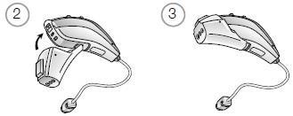 2., Amikor helyére került, mozdítsa a dobozt az elemtartó irányába. 3., Óvatosan csatlakoztassa a hallókészülékre. Audio doboz leválasztása 4.
