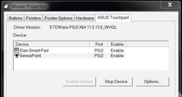Az ASUSPRO SensePoint használata A Notebook PC-hez ASUSPRO SensePoint eszköz jár, amelyet az egérmutató vagy kurzor képernyőn való mozgatásához lehet használni.