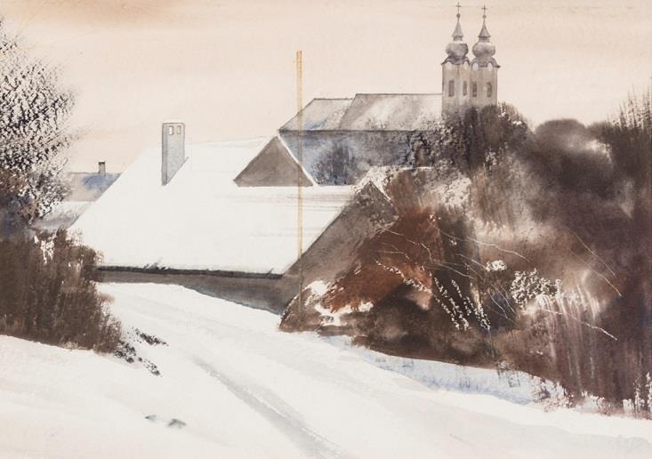 49. Dobroszláv József (Felsőgalla, 1932 ) Téli utca templommal Akvarell,