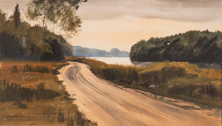 Dobroszláv József (Felsőgalla, 1932 ) Folyóparti tájkép (1986) Akvarell,