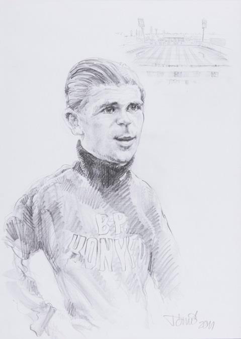 98. Ismeretlen magyar grafikus Puskás Ferenc portréja (2011) Ceruza,