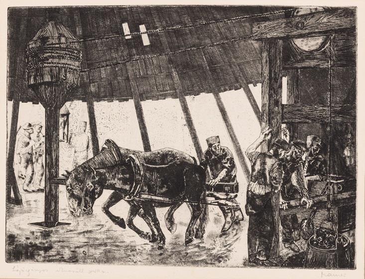 144. Maurer Dóra (Budapest, 1937 ) Lójárgányos aknaszállítás Rézkarc, papír 290 385 mm Maurer