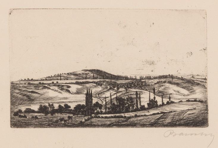 22. Barcsay Jenő (Katona, 1900 Budapest, 1988) Dombos táj Rézkarc,