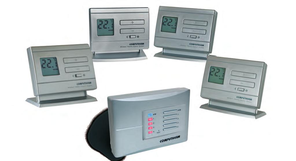 Q5RF MULTIZÓNÁS, VEZETÉK NÉLKÜLI SZOBATERMOSZTÁT (1-4 fűtési zóna vezérléséhez) A készülék alapcsomagja két Q5RF (TX) termosztátot és egy vevőegységet tartalmaz.