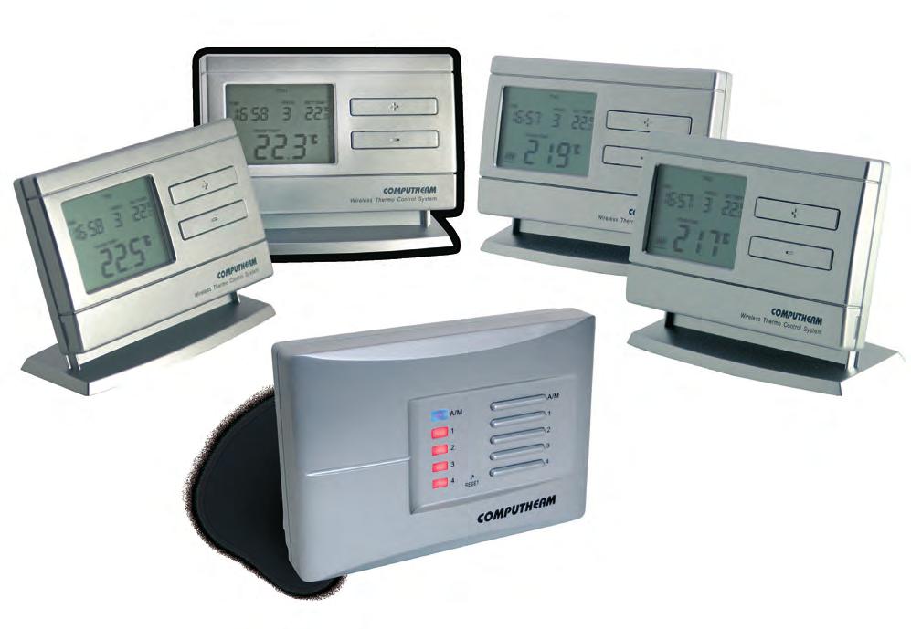Q8RF MULTIZÓNÁS, VEZETÉK NÉLKÜLI, PROGRAMOZHATÓ SZOBATERMOSZTÁT (1-4 fűtési zóna vezérléséhez) A készülék alapcsomagja két termosztátot és egy vevőegységet tartalmaz.