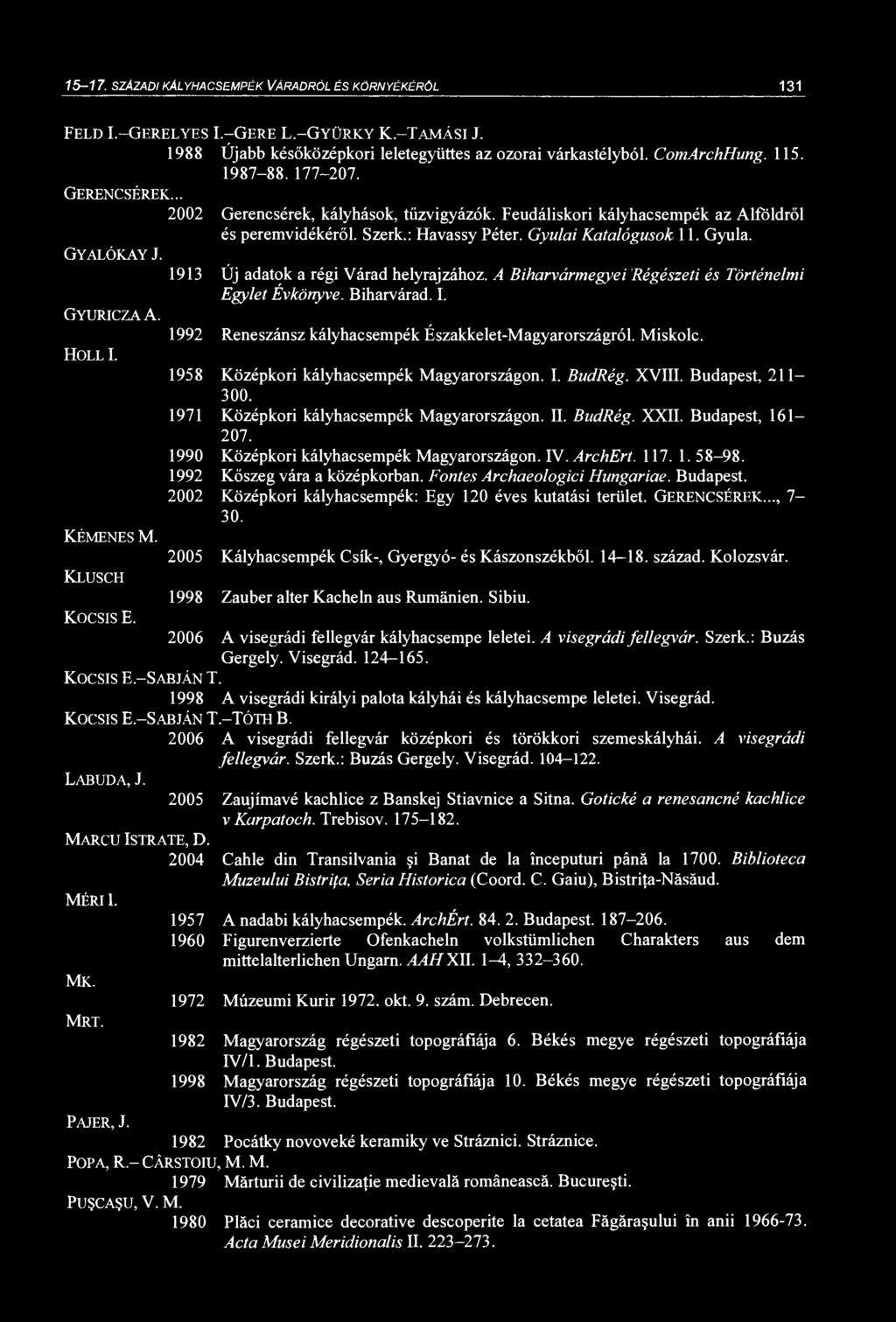 15-17. SZÁZADI KÁLYHACSPÉK VÁRADRÓL ÉS KÖRNYÉKÉRŐL 131 FLD I.-GRLYS I.-GR L.-GYÜRKY K.-TAÁSI J. 1988 Újabb későközépkori leletegyüttes az ozorai várkastélyból. ComArchHung. 115. 1987-88. 177-207.