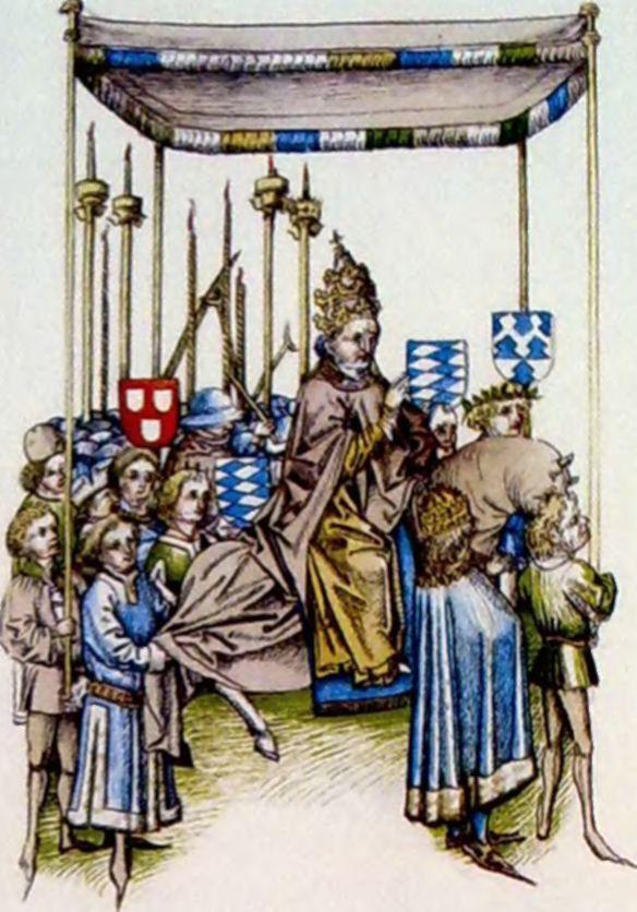 EURÓPA VEZETŐ FEJEDELME A pápa megérkezése a konstanzi zsinatra. Richental Illusztráció Ulrich krónikájából dásra bírta. A harmadik, avignoni pápa, XIII.
