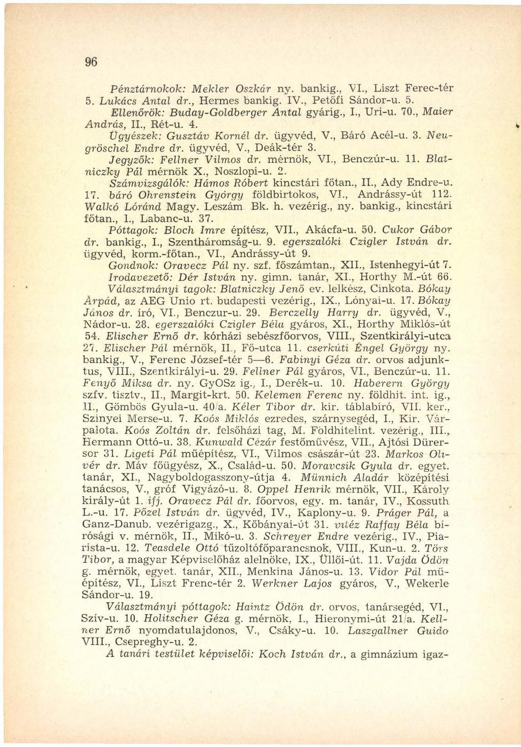 96 P énztárnokok: Mek.ler Oszkár ny. bankig., VI., Liszt F e rec-té r 5. L ukács A ntal dr., H erm es bankig. IV., P etőfi Sándor-u. 5. Ellenőrök: Buday-Goldberger A ntal gyárig., I., Uri-u. 70.