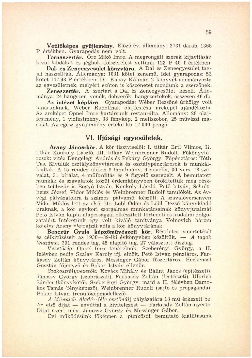 Vetítőképes gyűjtemény. Előző évi állomány: 2731 darab, 1365 P értékben. G yarapodás nem volt. Tornaszertár. Őre Miké Imre.