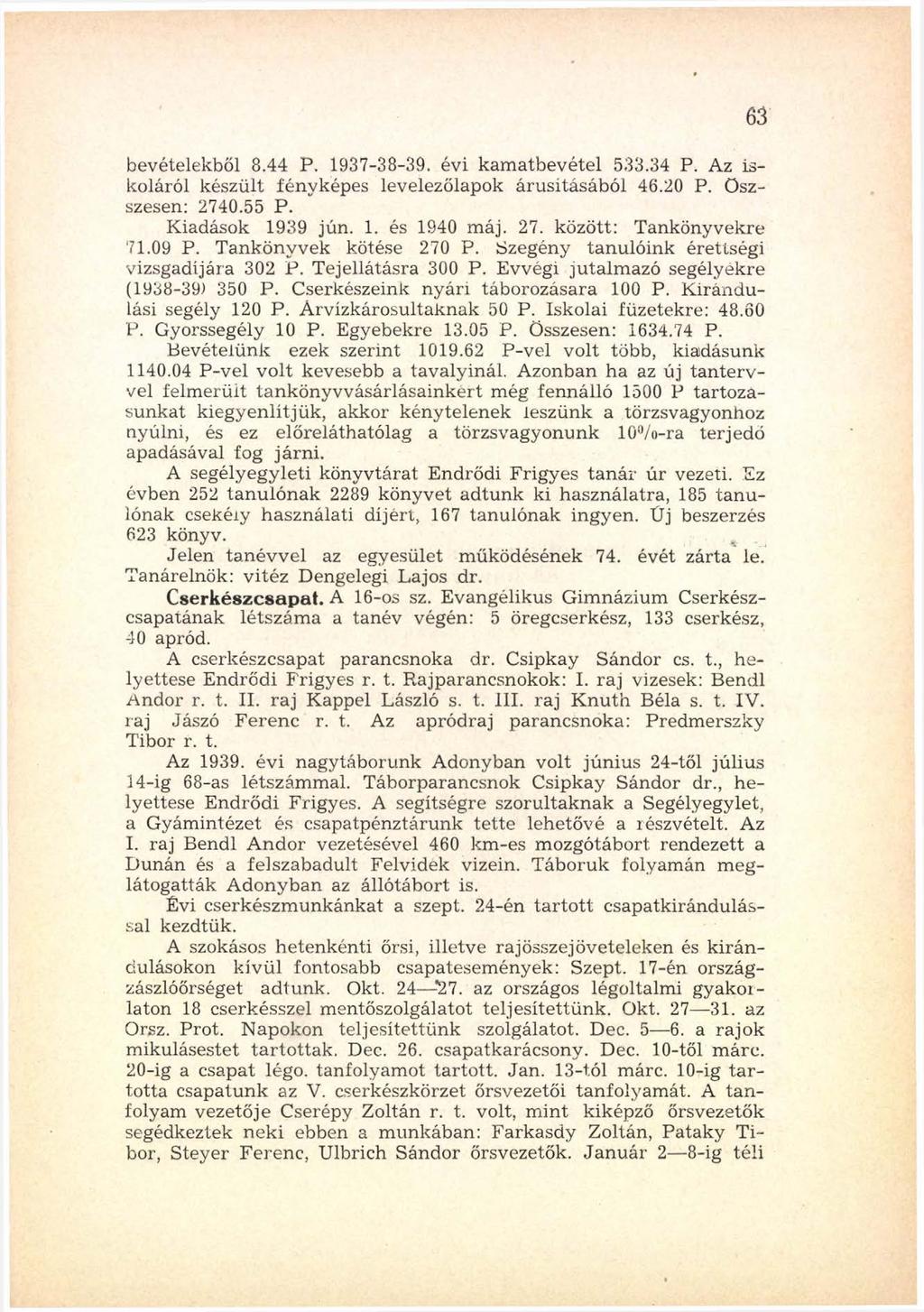 bevételekből 8.44 P. 1937-38-39. évi kam atbevétel 533.34 P. Az iskoláról készült fényképes levelezőlapok árusításából 46.20 P. öszszesen: 2740.55 P. Kiadások 1939 jún. 1. és 1940 máj. 27. között: Tankönyvekre 71.