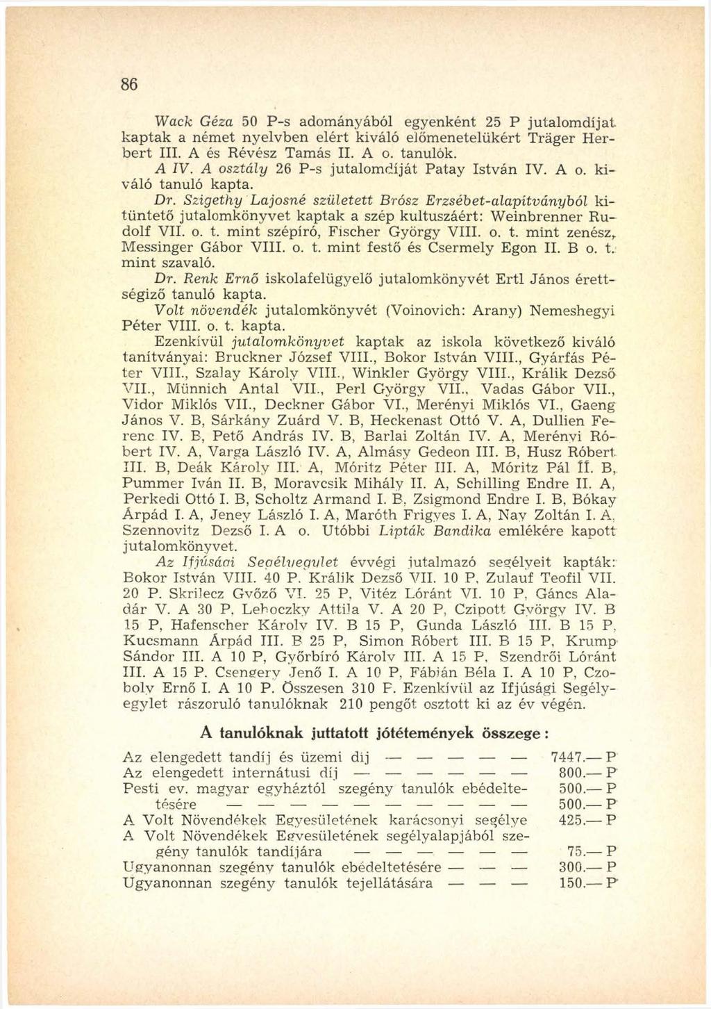 86 Wack Géza 50 P-s adom ányából egyenként 25 P jutalom díjat k ap tak a ném et nyelvben elért kiváló előm enetelükért Träger H erb e rt III. A és Révész Tam ás II. A o. tanulók. A IV.