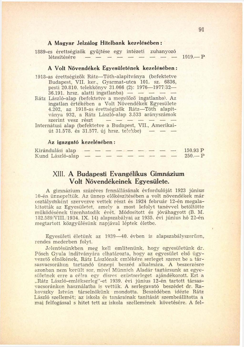 A Magyar Jelzálog Hitelbank kezelésében : 1889-es érettségizők gyűjtése egy intézeti zuhanyozó létesítésére 1019.