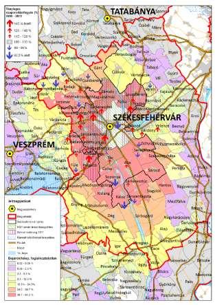 2. térkép: Székesfehérvár funkcionális térségi kihatása foglalkoztatási célú ingázási és vándorlási különbözet adatokra alapozva, térségi egységei feltüntetésével Forrás: KSH 1990-2011 NSZ adatok 3.
