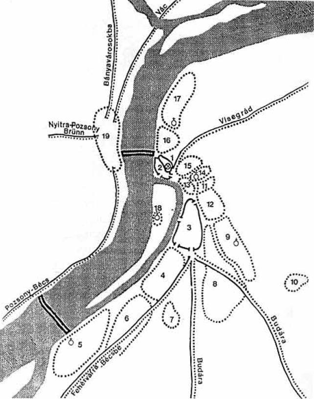 Királyi és érseki vár, 2. Víziváros, 3. Királyi város, 4. Szentpál, 5. Szentkirály, 6. Szentistván, 7. Szentlázár, 8. Kovácsi, 9. Újfalu, 10. Fenyérd, 11. Örmény, 12. Szent Anna, 13. Hévíz, 14.