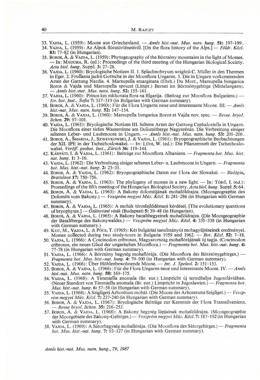 33. VAJDA, L. (1959): Moose aus Griechenland. Annls hist.-nat. Mus. natn. hung. 51: 197-199. 34. VAJDA, L. (1959): Az Alpok flóratörténetéről. [On the flora history of the Alps.] Földr. Közl.