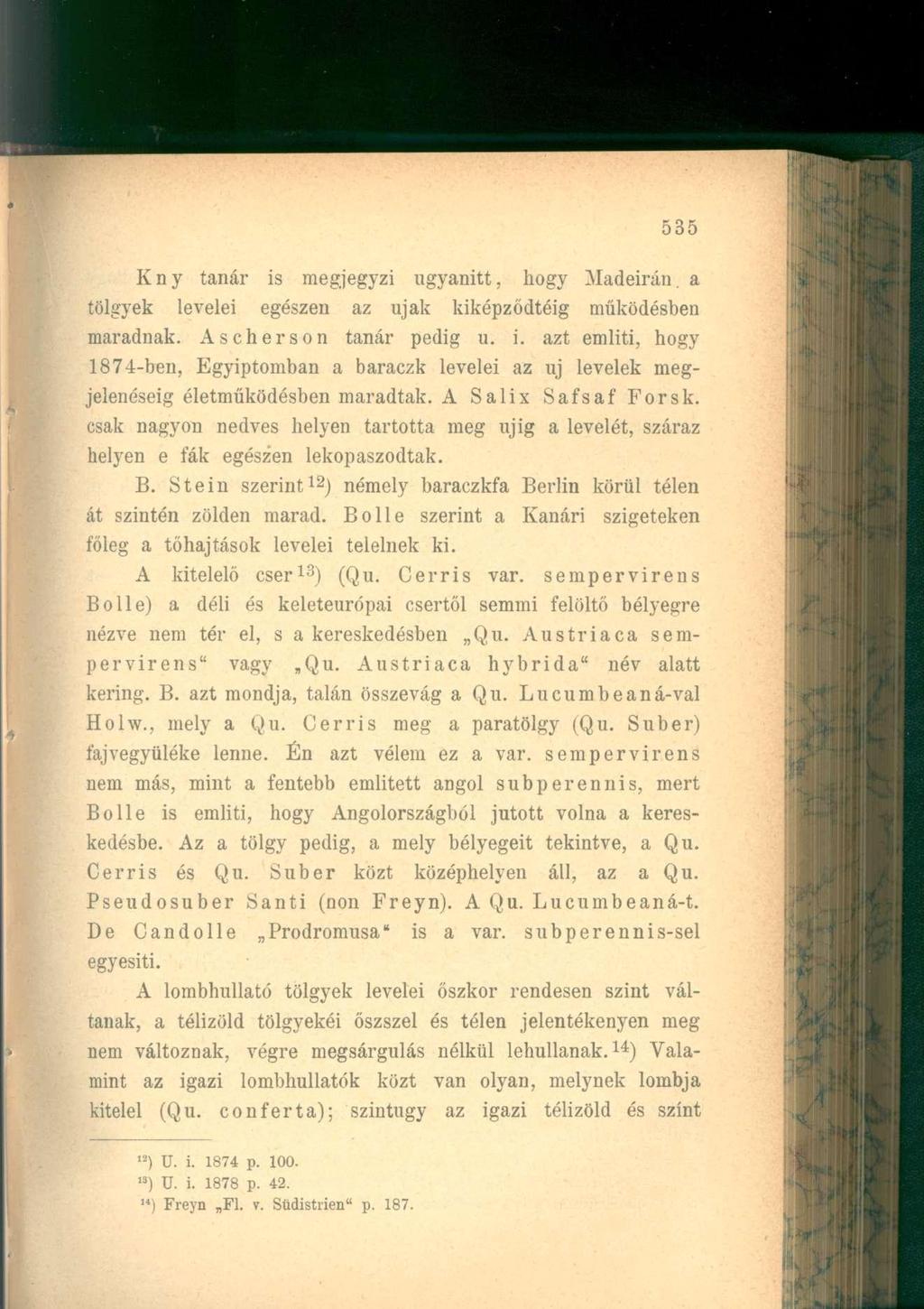 Kny tanár is megjegyzi ugyanitt, hogy Madeirán, a tölgyek levelei egészen az ujak kiképződtéig működésben maradnak. Ascherson tanár pedig u. i. azt emliti, hogy 1874-ben, Egyiptomban a baraczk levelei az uj levelek megjelenéséig életműködésben maradtak.