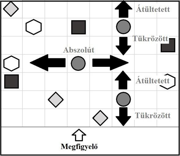 4.1. Térbeli teszt Referenciakeret-vizsgálat a magyar nyelvben A térbeli tesztben egy megadott négyzetrácsos mezőn kellett különböző alakzatokat mozgatni úgy, hogy a válaszadó berajzolta a szerinte