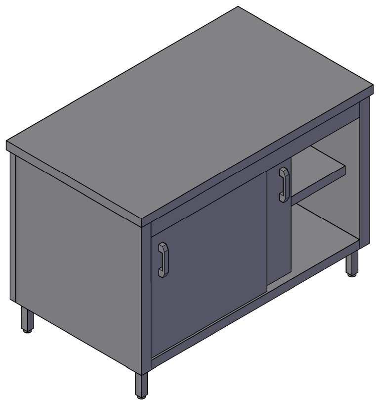 5. oldal Munkapult alsó és középső polccal, tolóajtókkal - ATSZT - Standard magasság: 850 mm - Fedlap és polc vastagsága: 40 mm - Lábak 30x30-as szálcsiszolt zártszelvényből készülnek - Alsó polc