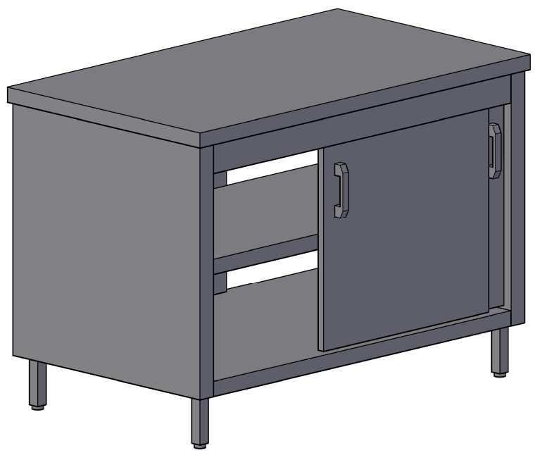 7. oldal Átadópult alsó és középső polccal, oldalon tolóajtókkal - ATSZT - Standard magasság: 850 mm - Fedlap és polc vastagsága: 40 mm - Lábak 30x30-as szálcsiszolt zártszelvényből készülnek - Alsó