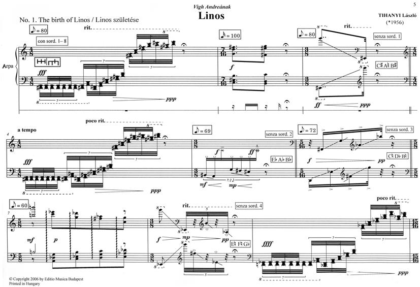 HANGSZERSZÓLÓK INSTRUMENTAL SOLOS SOLOWERKE 19 TIHANYI LÁSZLÓ Linos hárfára / for harp / für Harfe EMB Contemporary Music A görög mitológia szinte önként kínálta Linos figuráját egy szóló hárfadarab