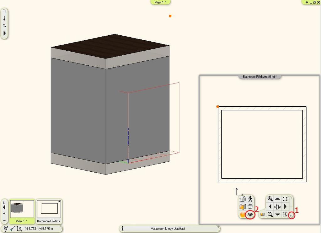 8 3. Lecke: Fürdőszoba tervezés - Burkolás 3.3. Perspektíva beállítása Aktiválja a 3D ablakot.