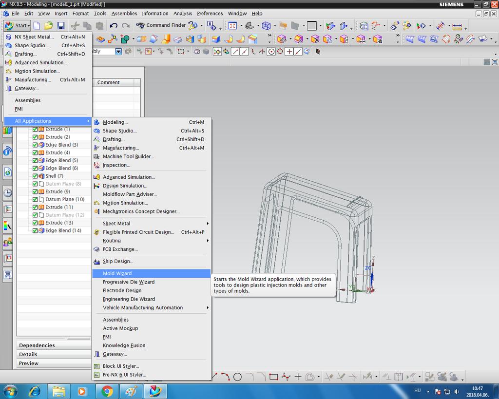 14. ábra Mold Wizard és egyéb bővítmények indítása NX 8.