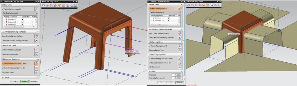 A következő lépésben a Design Parting Surface paranccsal meg tudjuk tervezni azt a felületet, ami elválasztja egymástól a két szerszámfelet.