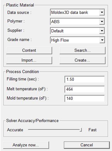 29. ábra Flow Analysis során változtatható paraméterek Az első vizsgálatkor a termék felülről történő befröccsentését vizsgáltam, a fröccsentés helyének beállítása után egy felugró ablakban