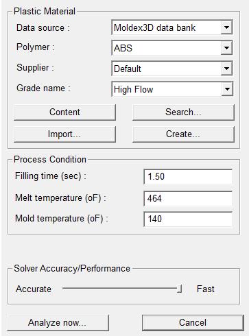 29. ábra Flow Analysis során változtatható paraméterek Az első vizsgálatkor a termék felülről történő befröccsentését vizsgáltam, a fröccsentés helyének beállítása után egy felugró ablakban