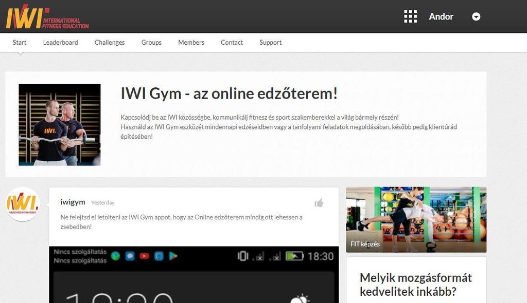 IWI Gym portál Az IWI logora kattintva a bal felső sarokban juthatsz el az IWI Gym felületére.