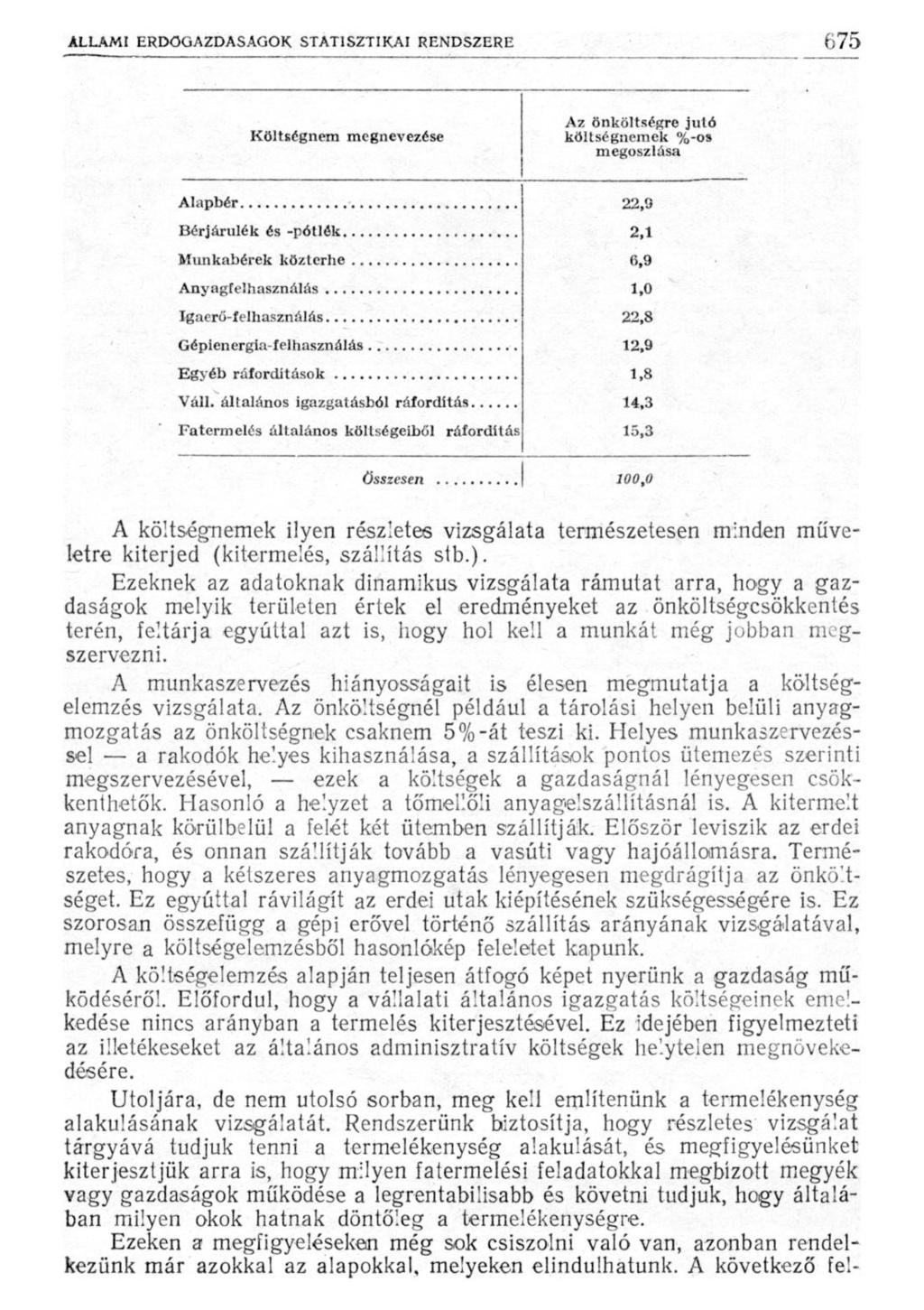 Költségnem megnevezése Az önköltségre jutó költségnemek %-os megoszlása 22,9 Bérjárulék és -pótlék 2,1 6,9 1,0 22,8 12,9 1,8 14,3 Fatermelés általános költségeiből ráfordítás 15,3 100,0 A