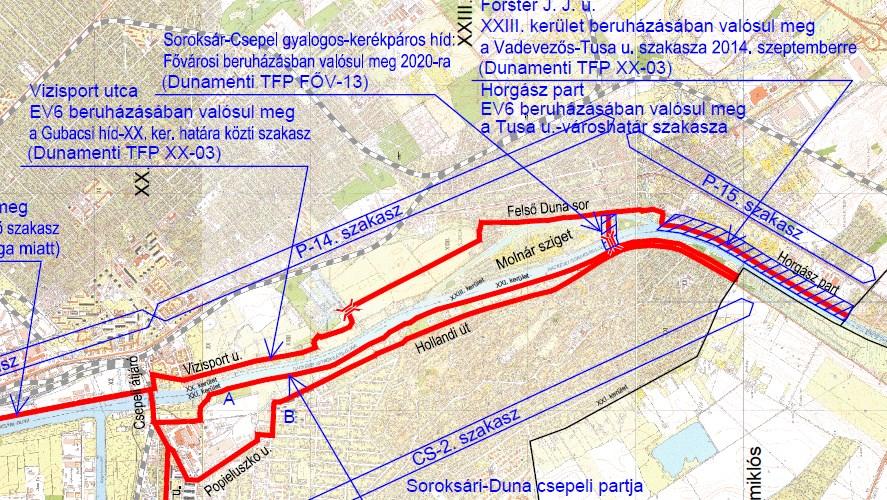 A Vízisport utcán és a csatlakozó közterületeken, meglévő közúton kijelölt kerékpáros nyomként vezetik végig a nyomvonalat, amely a Gubacsi híd alatt átérve annak északi oldalára, a Duna-ág partján