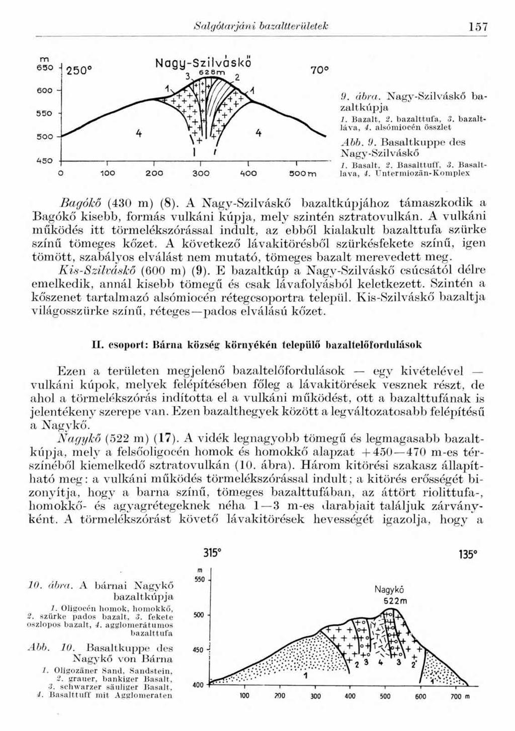 Salgótarjáni bazaltterületek 157 9. ábra. Nagy-Szilváskő bazaltkúpja 1. Bazalt, 2. bazalttufa, 3. bazaltláva, 4. alsómiocén összlet Abb. 9. Basaltkuppe des Nagy-Szilváskő 1. Basalt, 2. Basalttuff, 3.