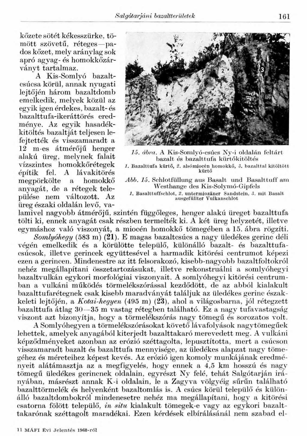 Salgótarjáni bazaltterületek 161 15. ábra. A Kis-Somlyó-csúcs Ny-i oldalán feltárt bazalt és bazalttufa kürtő kitöltés 1. Bazalttufa kürtő, 2. alsómiocén homokkő, 3. bazalttal kitöltött kürtő Abb. 15. Schlotfüllung aus Basalt und Basalttuff am Westhange des Kis-Solymó-Gipfels 1.