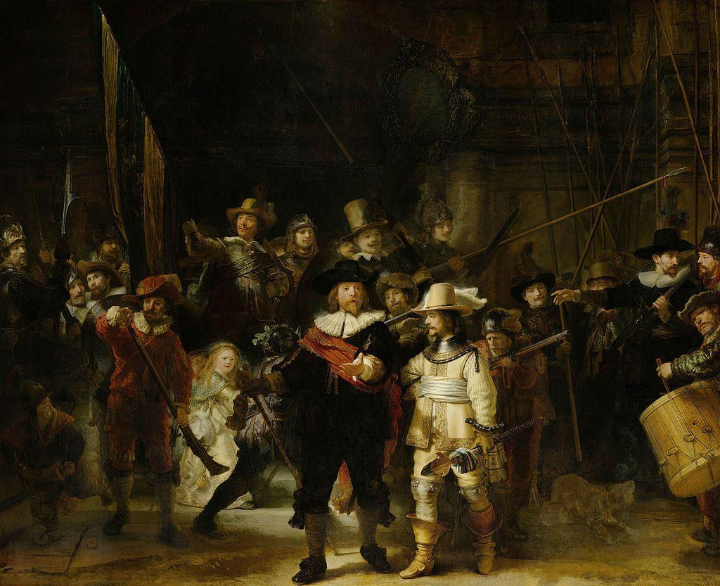 Csoportkép Rembrandt: Éjjeli őrjárat, 1642 festmény, amely azt ábrázolja, amint az ifjabbik Purmerlandt báró (Frans