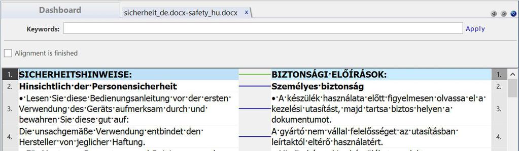 3. ábra: Szövegpárhuzamosítás a memoq 2015-ben A 3. ábrán a memoq 2015 szövegpárhuzamosítójáról láthatunk egy példát.