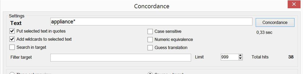 4. ábra: Konkordancia a memoq 2015-ben Az e l e m z é s (analysis) vagy más néven s t a t i s z t i k a komponens elemzi az új forrásnyelvi szöveg(ek)et, és összeszámolja a belső és a külső találatok