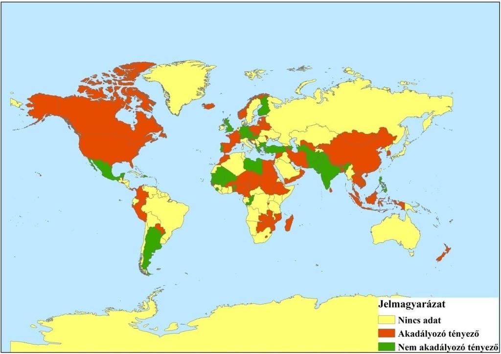 8. ábra: A magas költség, mint telemedicinális akadály területi megoszlása (Forrás: WHO 2011 alapján szerk.: Bán A.