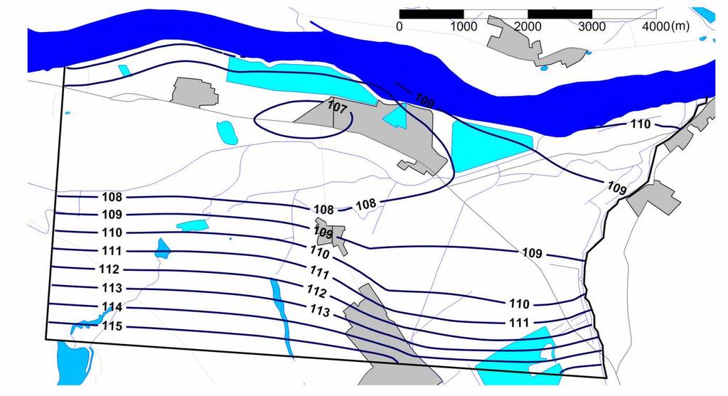 7/6. ábra: Számított potenciálszintek (mbf) a Duna árhullámának tetőzésekor tranziens modellben 3.