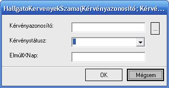 HallgatoKervenyekSzama függvénynél megjelenő feltétel szerkesztő ablak Többek között használhatjuk a FélévekSzáma, HallgatoPenzugyiStatusza, TargyFelvetelekSzama, stb. függvényeket is.