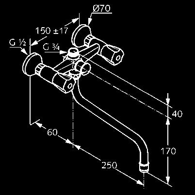 vízmennyiség: (B/A osztály) elfordítható kifolyó: 250 mm perlátor M 22 x 1 automatikus kád/zuhany váltó visszafolyásgátlóval Tele kézizuhany NA 15, fehér műanyag gégecső, fehér G 1/2 x G