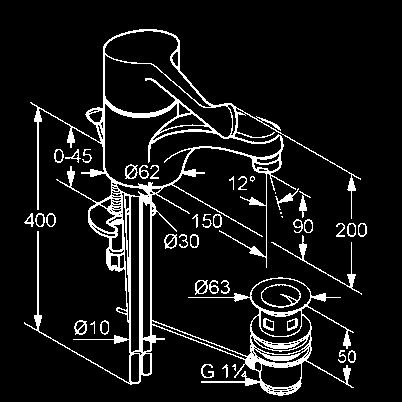 biztonsági, kerámia kartus lefolyógarnitúra G 1 1/4 fix kifolyó vörösrézcső 10 x 1 mm P-IX 9571/IZ KLUDI  biztonsági,