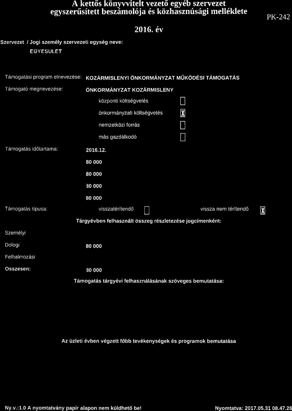 A kett6s kiinywitelt vezet6 egy6b szervezet egyszerffsitett besz6ol6ja es ktizhasznfsrigi ell6klete 20L6.
