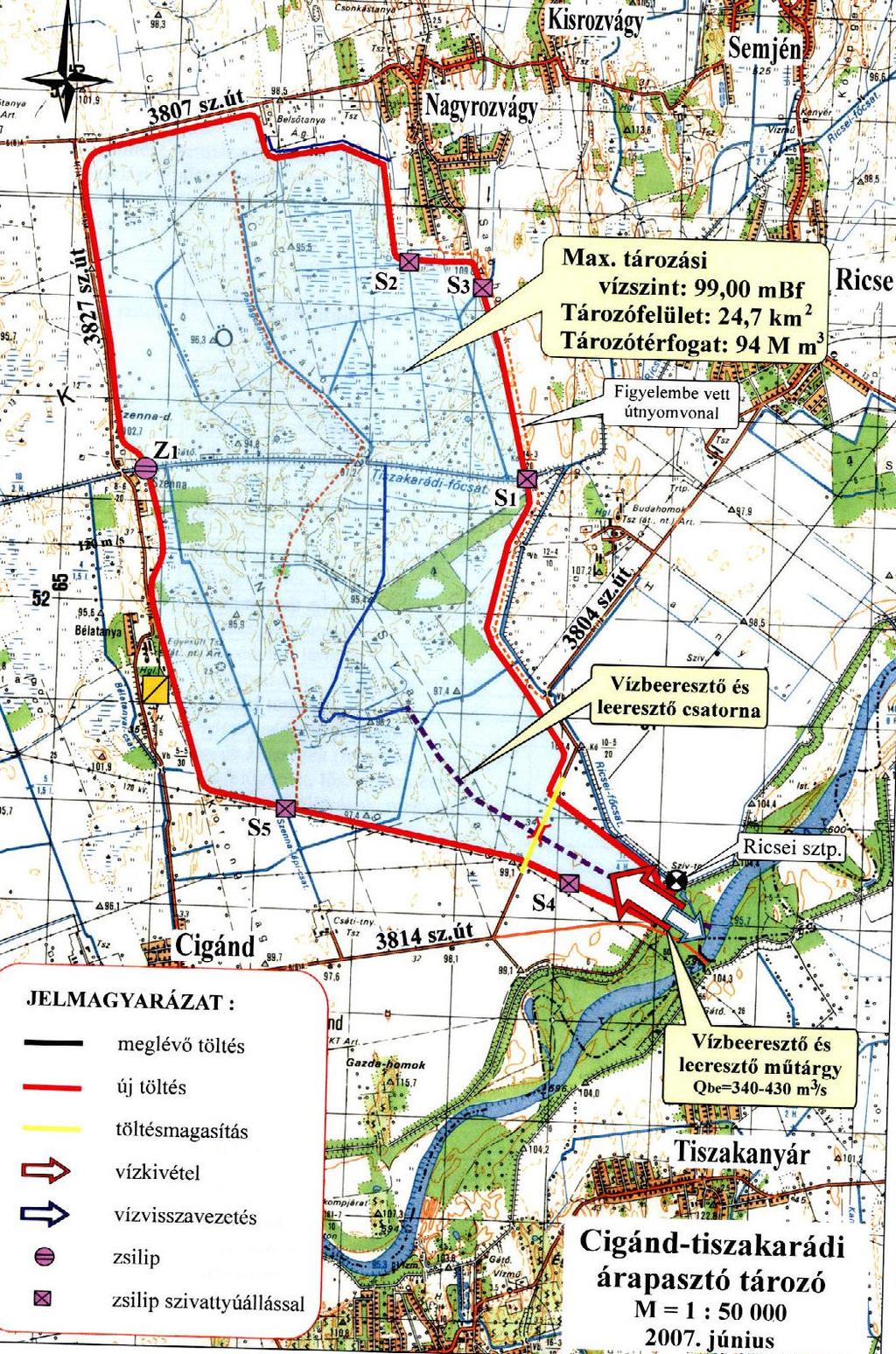 A Cigánd-Tiszakarádi tározó A tározó főbb adatai: tározófelület 24,7 km 2, tározótérfogat 94 millió m 3, maximális tározási szint 99,00 mbf, új töltés koronaszintje 100,00 mbf, átlagos vízmélység 3,8