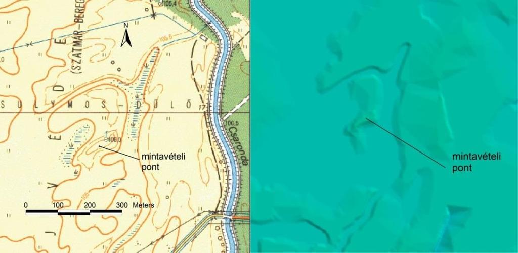 9. ábra. A sulymos-dűlői eróziós sziget M 1:10000 topográfiai térképen és digitális domborzat modellen ábrázolva. Új-tanya (11. ábra. 3) A Tiszaszalkától keletre fekvő Új-tanya területen egy legalább öt ívből álló övzátony sorozat figyelhető meg (10-11.