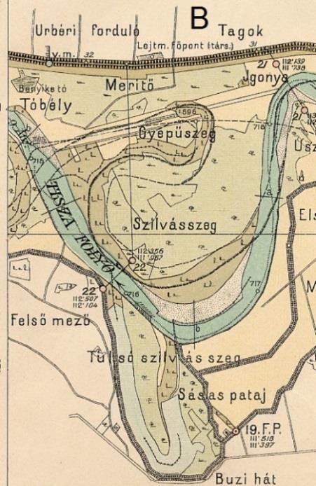 A terület teljes elvi elöntése a tivadari vízmércén mért 570 cm-es vízállás esetén megy végbe, de a mintavételi pont környezete már 340 cm-es vízszintnél elöntés alá kerül. 23. ábra.