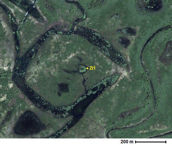 30. ábra. A Zalkodi-lapály légifelvétele és a mintavételi pontok helyzete. Fehér-tó (25. ábra. 6) A Zalkodi-lapálytól mintegy 1,5 km-rel nyugatra lévő 350 x 700 m kiterjedésű folyóhátak által határolt lapály (25-31.