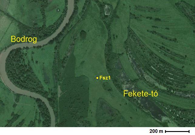 34. ábra. Favágó-szállás légifelvétele és a mintavételi pontok helyzete. Nagy-tó folyóhát (25. ábra.10) A Kerek-tó ártéri lapálytól délre fekvő Nagy-tó morotva menti 95 m tszf-i magasságú folyóháton egy fúrásszelvényt mélyítettünk.